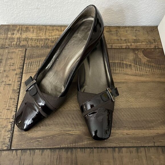 Stuart Weitzman Chocolate‎ Brown Patent Leather Chunky Pump 8M - Picture 1 of 8